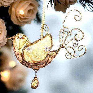 Victorian Bird Ornament Tapestry Gold Beaded Frame Rhinestone Flowers Drop Bead
